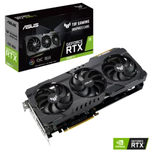 Boîte d’origine et produit de la carte ASUS TUF RTX 3060 Ti OC 8 Go en image principale
